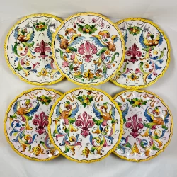 Italian Faïence Pottery Fleur-de-Lis Hand Painted Plates, set of six